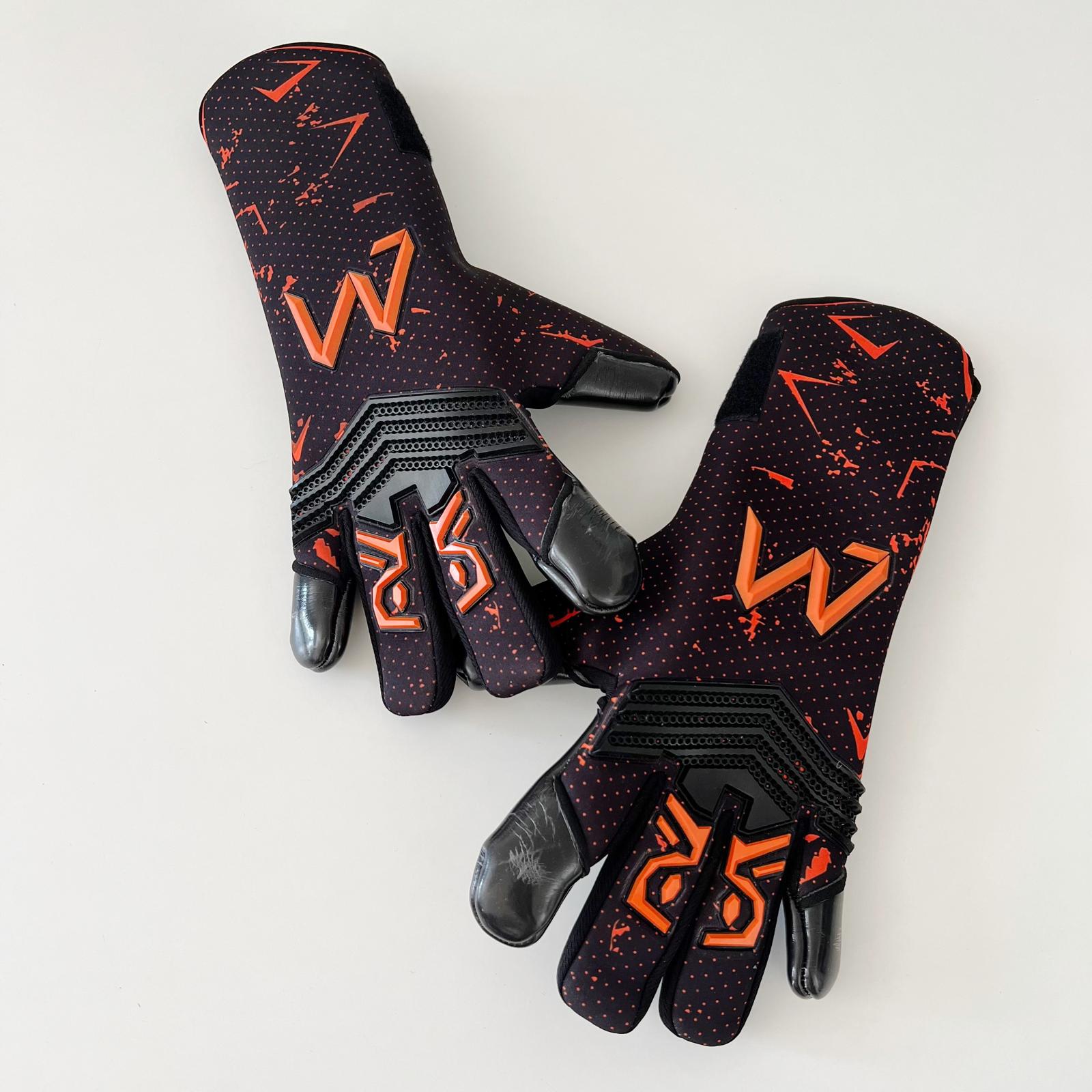 AM Ukkonen Vg3 goalkeeper gloves black orange backhand and wrist strap detail – AM Gloves
