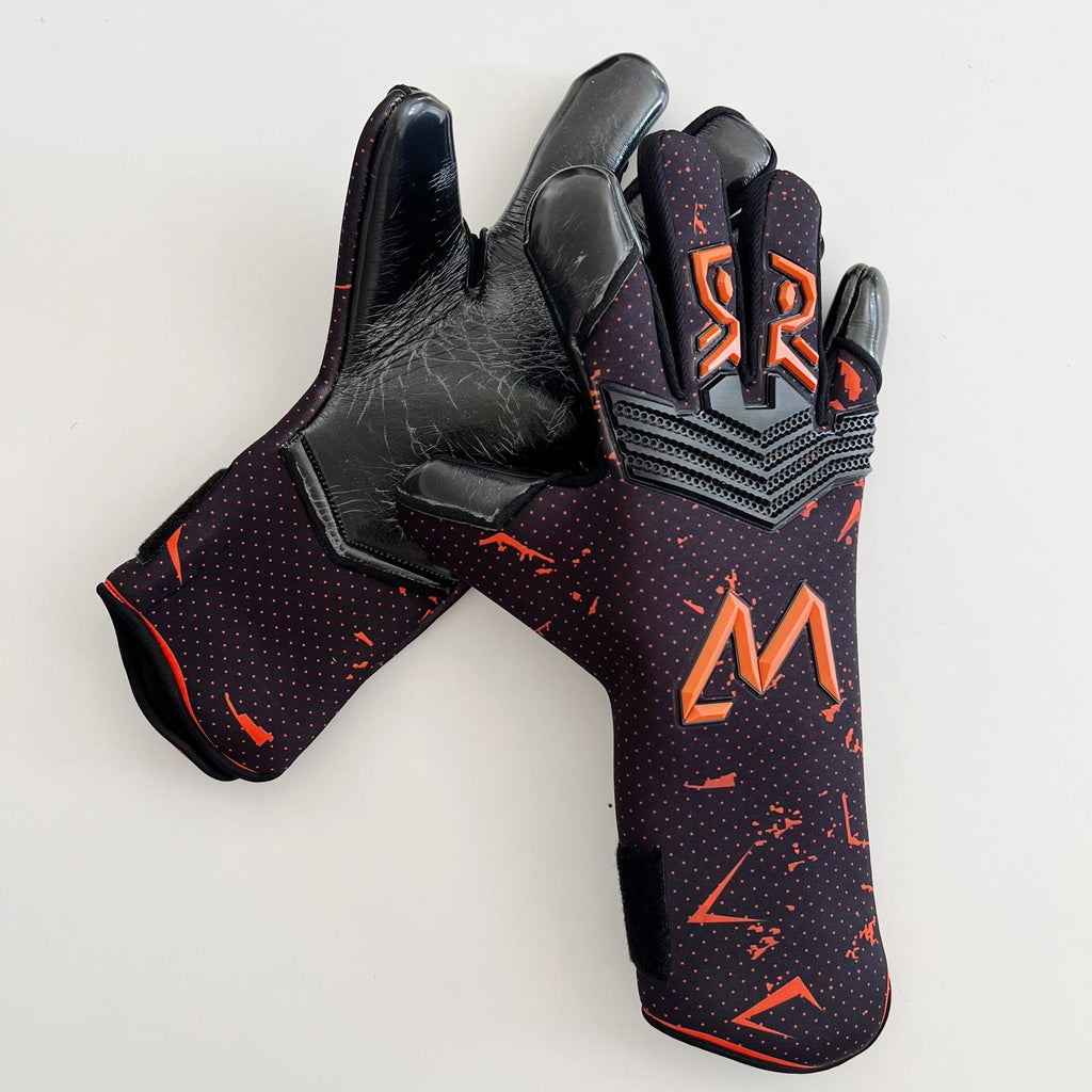 AM Ukkonen Vg3 goalkeeper gloves black orange backhand detail and latex palm – AM Gloves