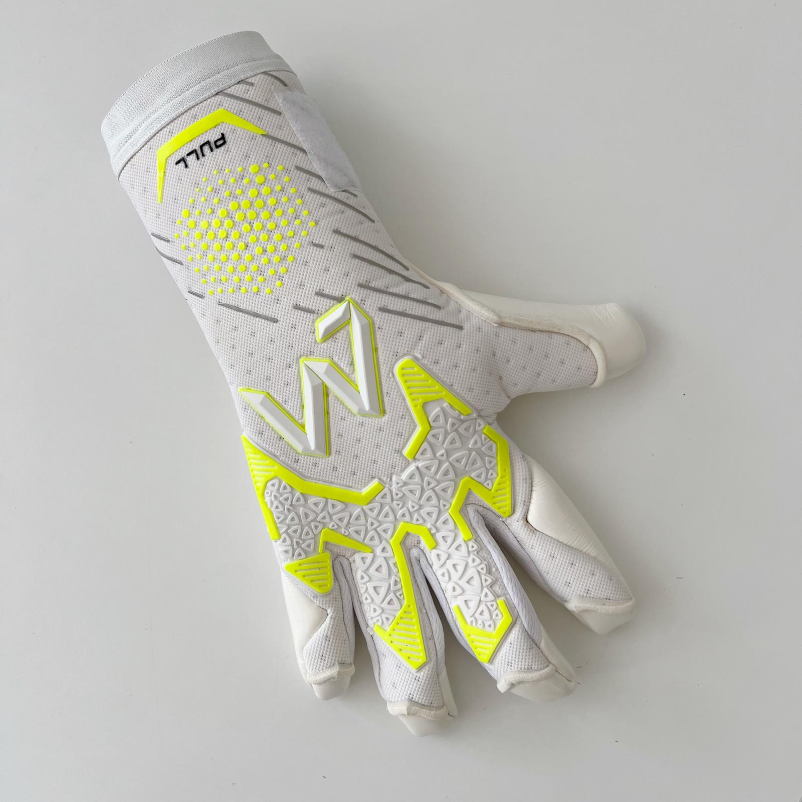 Valo Pro 1.0 goalkeeper gloves white yellow fluo palm front view negative cut – AM Gloves