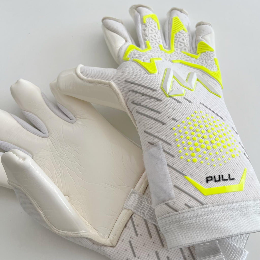 Valo Pro 1.0 goalkeeper gloves white yellow fluo backhand palm crossed pair wrist strap – AM Gloves