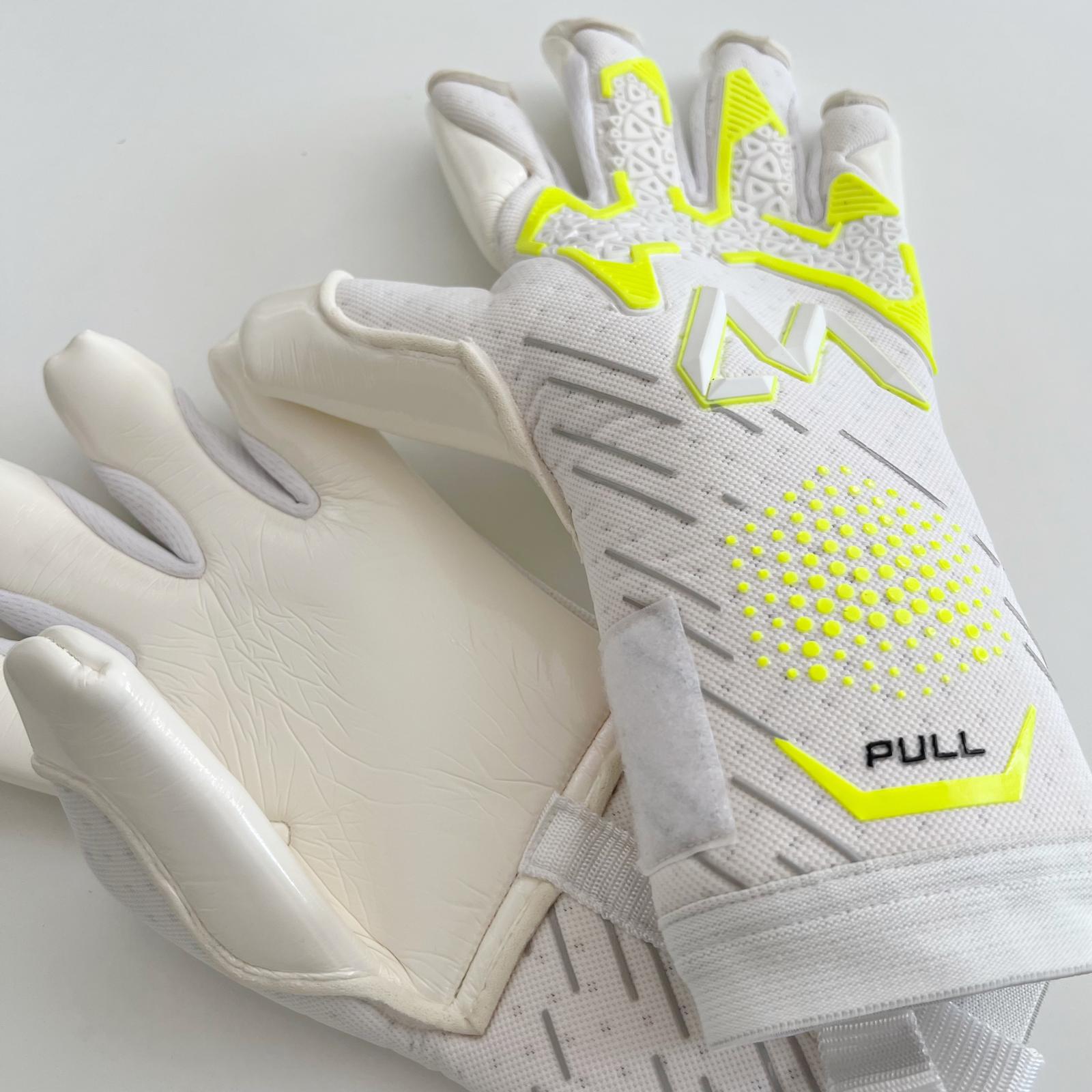 Valo Pro 1.0 goalkeeper gloves white yellow fluo backhand palm crossed pair wrist strap – AM Gloves