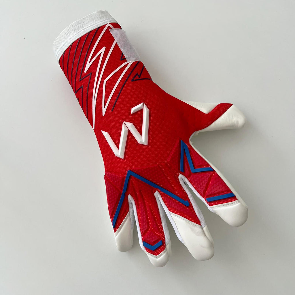 Venum Pro Contact goalkeeper gloves red white blue backhand front view AM logo – AM Gloves