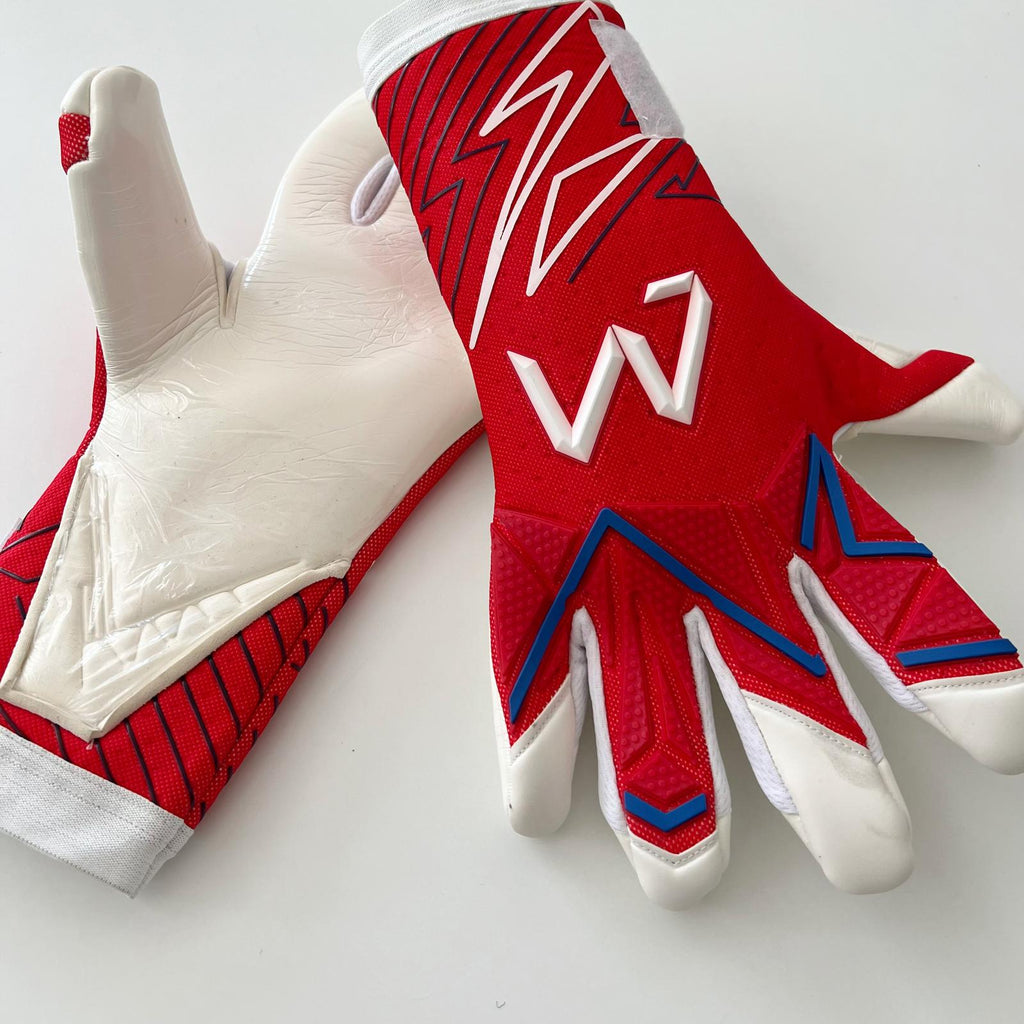 Venum Pro Contact goalkeeper gloves red white blue palm latex and backhand side view – AM Gloves
