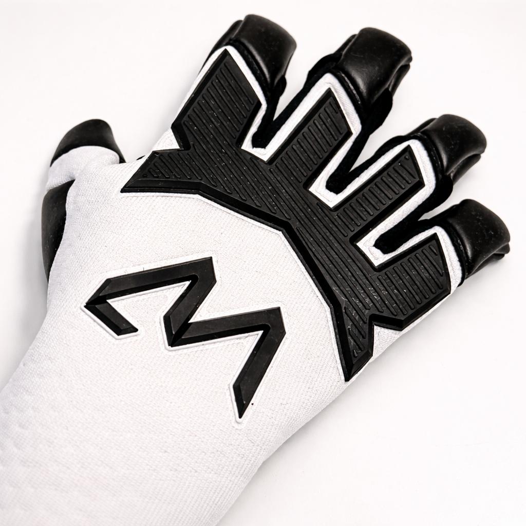 AM Polar G.G goalkeeper gloves black white palm latex finger detail and AM logo close-up – AM Gloves