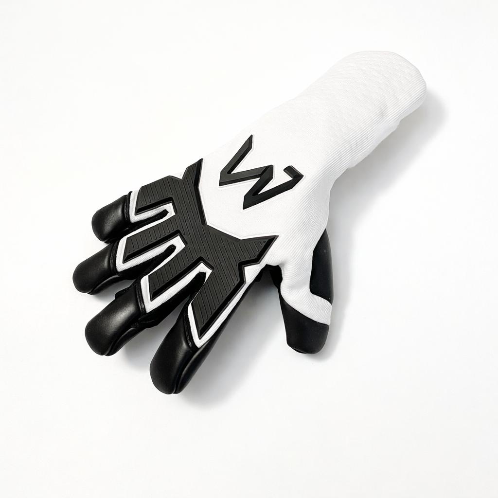 AM Polar G.G goalkeeper gloves black white backhand AM logo side view on mannequin – AM Gloves
