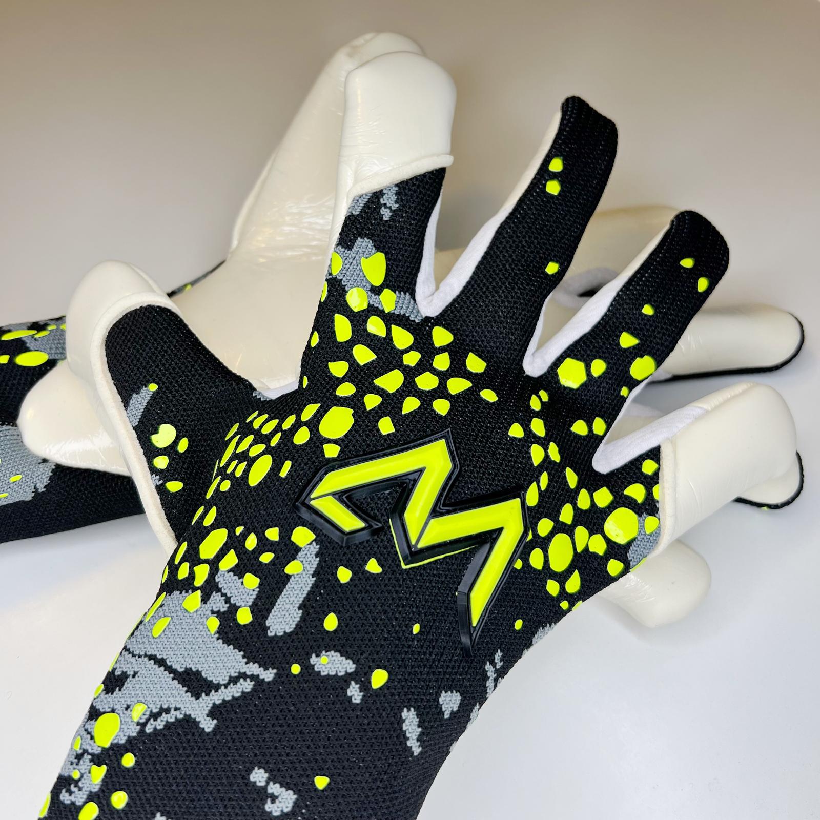 Revontulet K.S. 26 goalkeeper gloves black yellow grey backhand AM logo close-up – AM Gloves