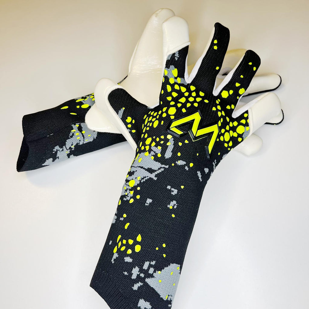 Revontulet K.S. 26 goalkeeper gloves black yellow grey backhand AM logo on mannequin – AM Gloves