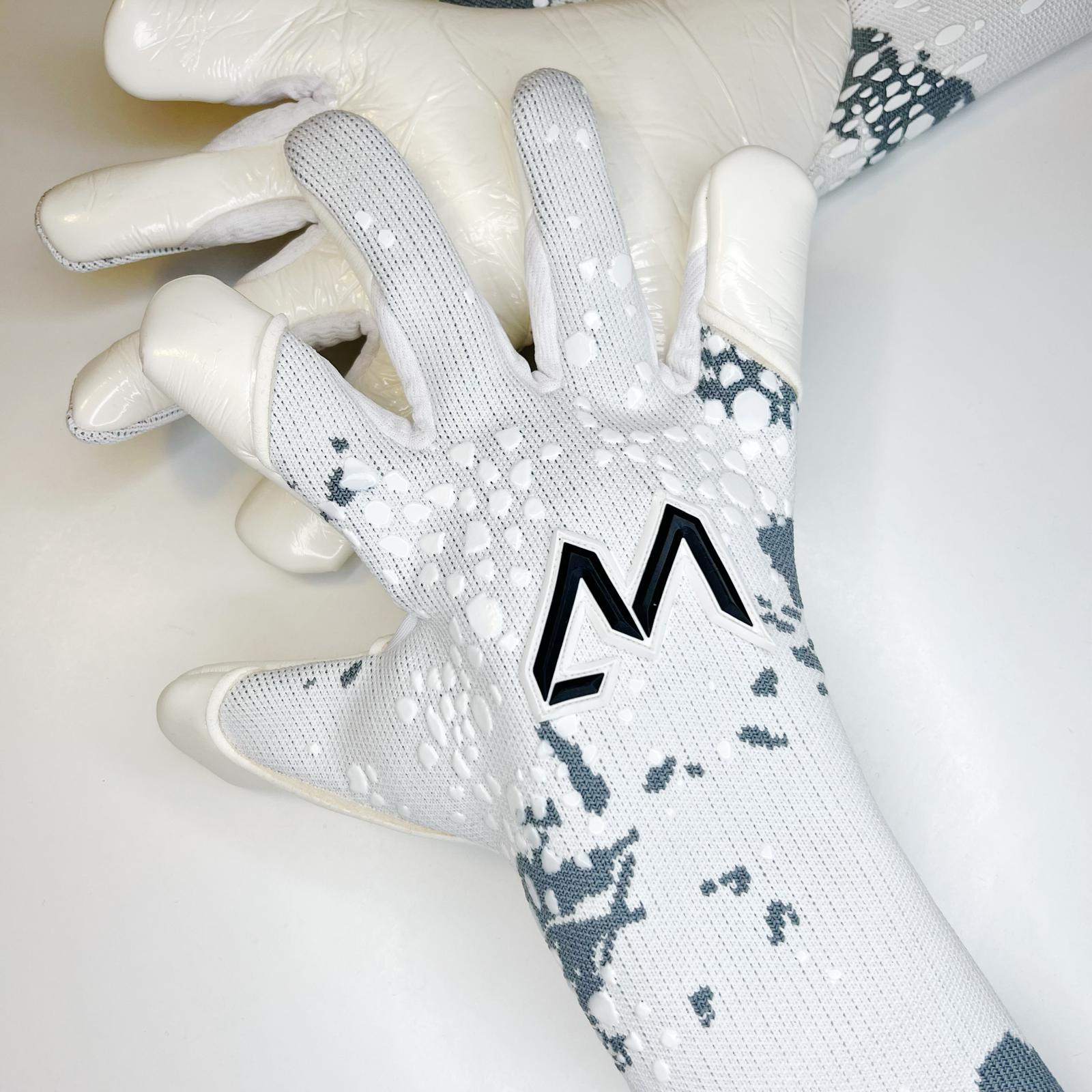 Jäätikkö K.S. 26 goalkeeper gloves white grey camo backhand AM logo on mannequin hand – AM Gloves