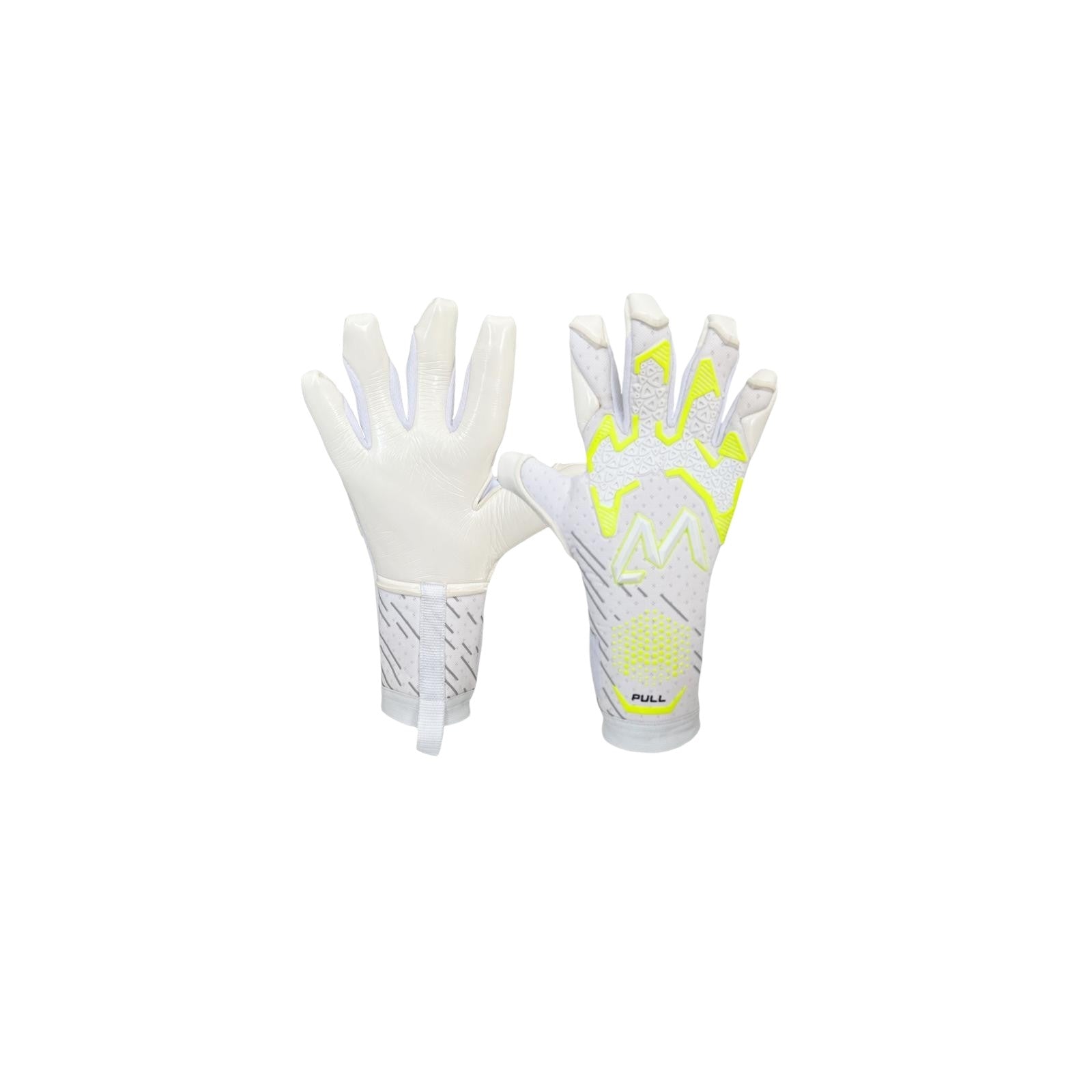Valo Pro 1.0 goalkeeper gloves white yellow fluo negative cut palm and backhand – AM Gloves