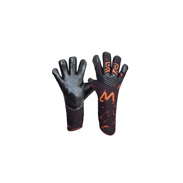 AM Ukkonen Vg3 goalkeeper gloves black orange hybrid cut palm and backhand view – AM Gloves