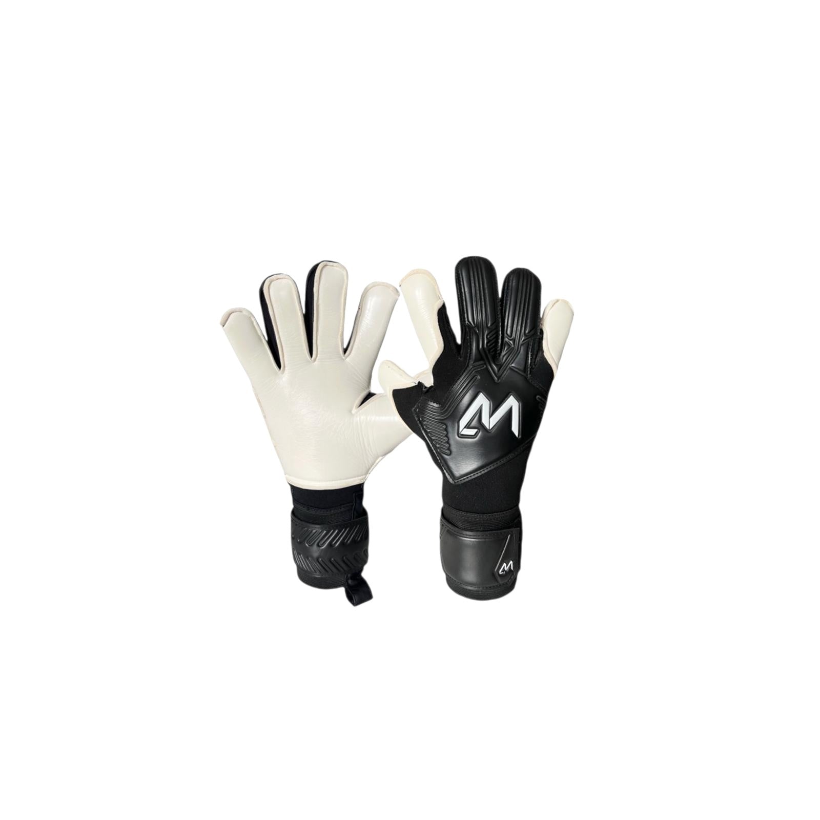 AM KUU Hybrid 2.0 goalkeeper gloves black white backhand detail and AM logo close-up
