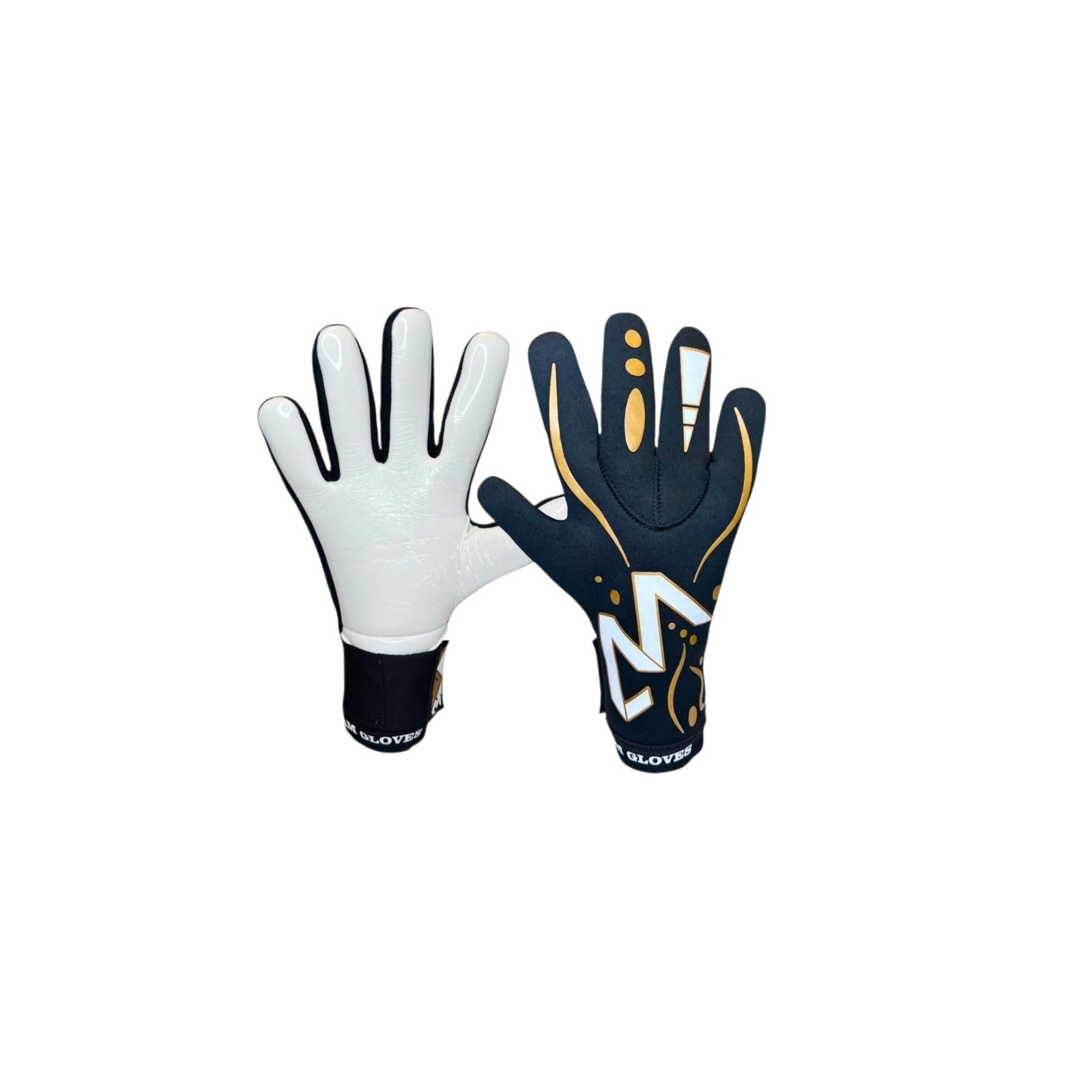 AM Nuoli Golden Edition goalkeeper gloves black gold white roll cut palm and backhand – AM Gloves
