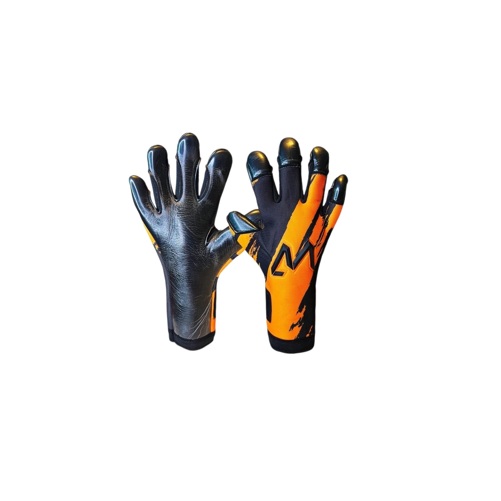 AM Ukkonen 1.0 goalkeeper gloves black orange ergoroll fingertip cut palm and backhand – AM Gloves