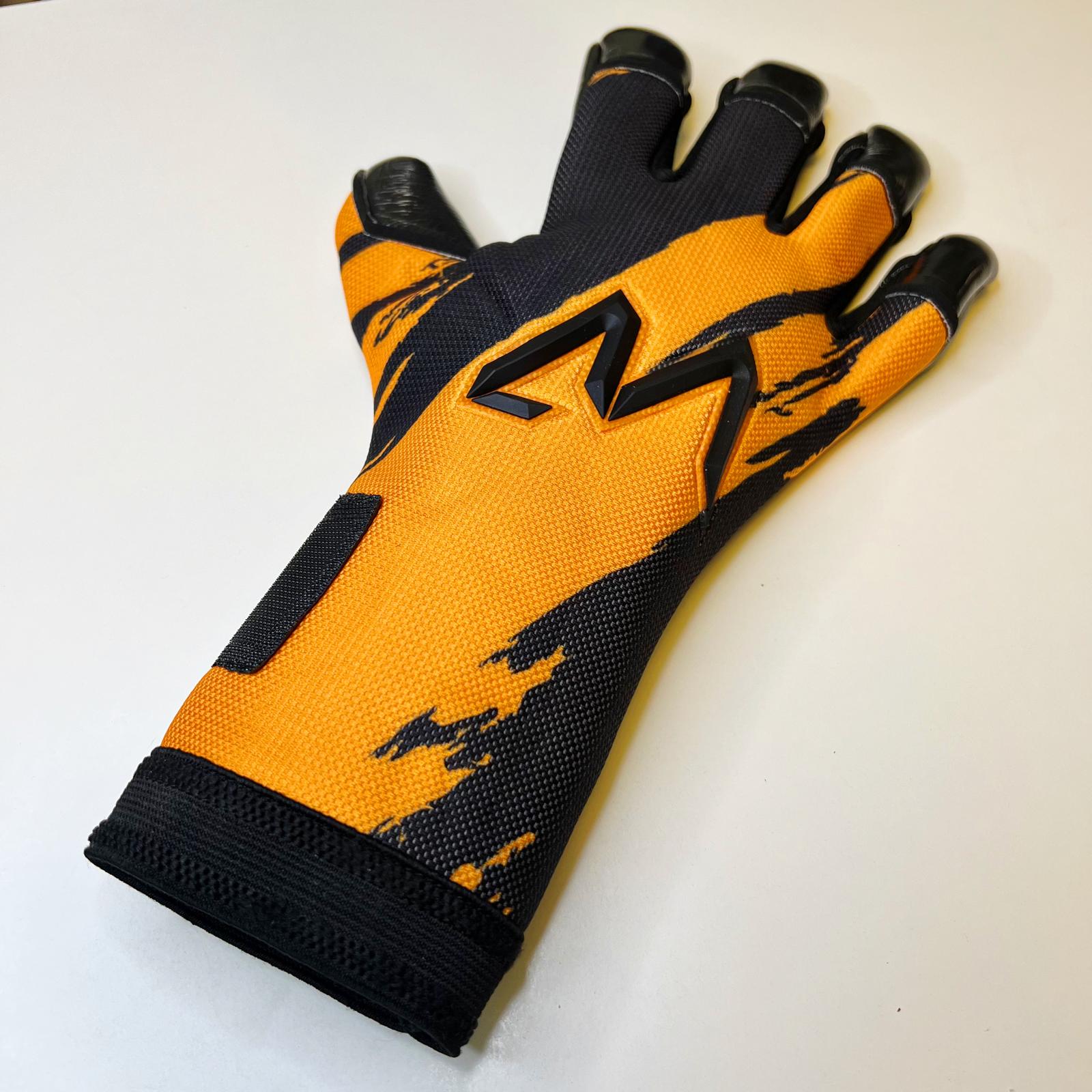 AM Ukkonen 1.0 goalkeeper gloves black orange backhand AM logo and graphic design – AM Gloves