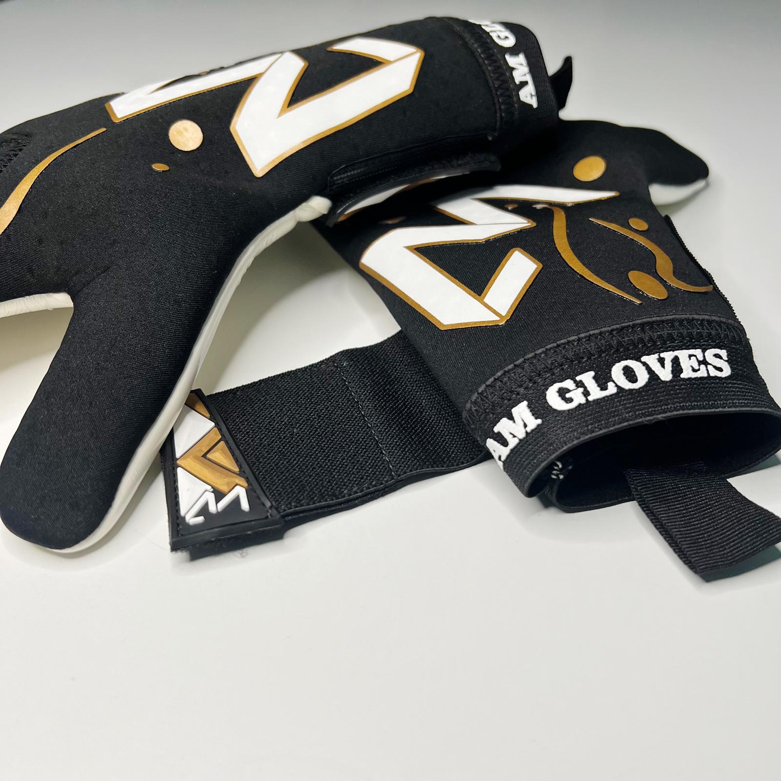 AM Nuoli Golden Edition goalkeeper gloves black gold wrist strap and AM Gloves logo detail