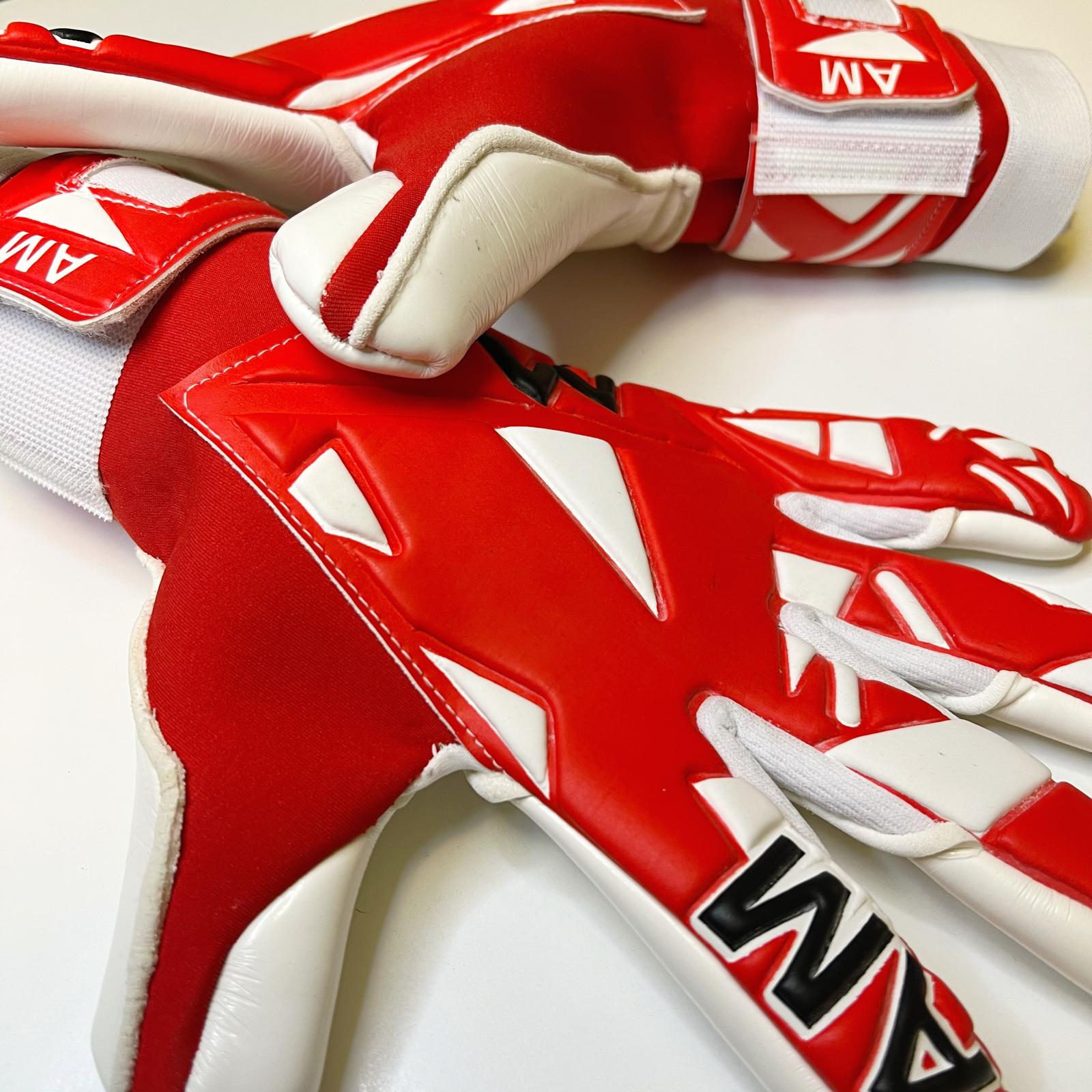 AM Venum 2.0 goalkeeper gloves red white backhand detail and wrist strap close-up – AM Gloves