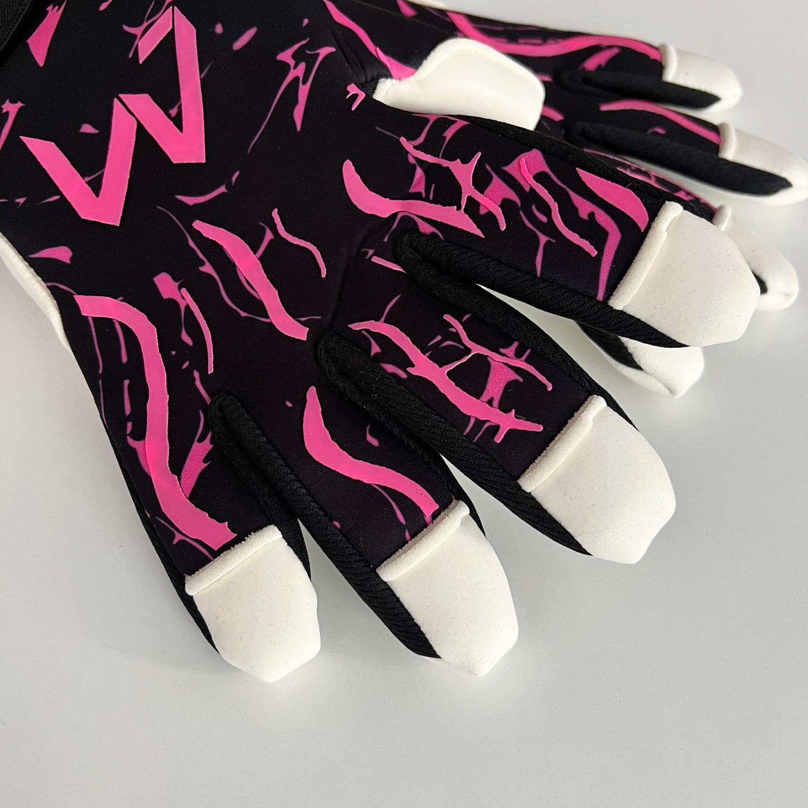 AM Galaksi 4.0 goalkeeper gloves black pink finger tips and backhand detail – AM Gloves
