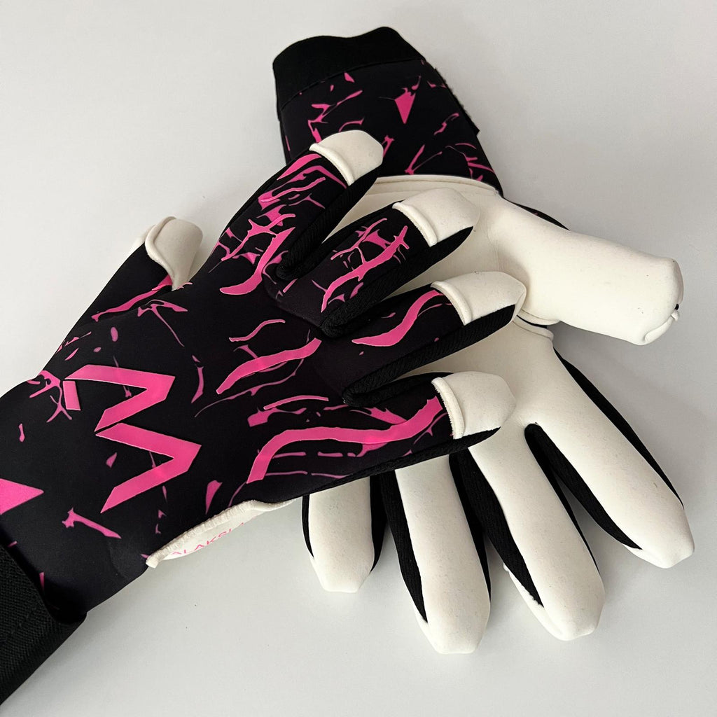 AM Galaksi 4.0 goalkeeper gloves black pink backhand and palm side view – AM Gloves